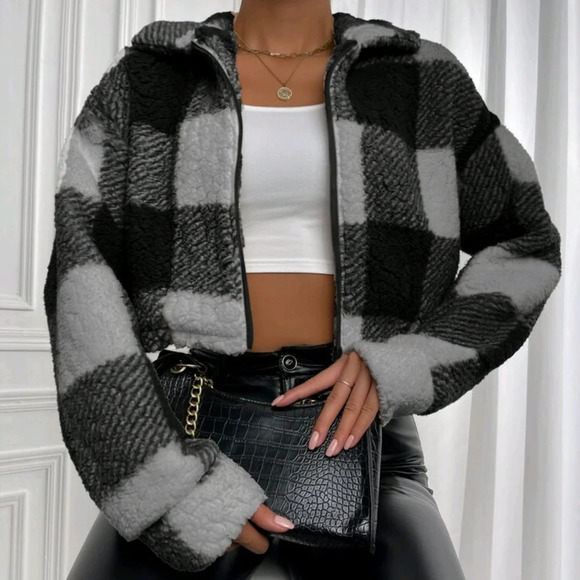 Buffalo Plaid Print Drop Shoulder Zip Up Jacket